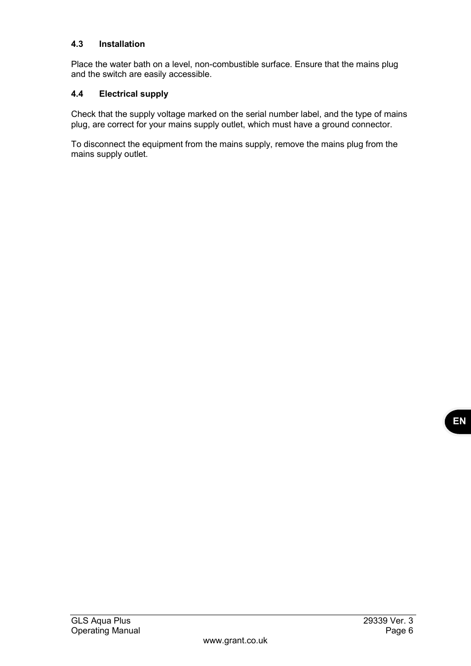 4 electrical supply | Grant Instruments GLS Aqua Plus Operating Manual User Manual | Page 7 / 94