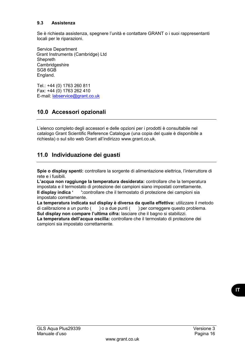 3 assistenza, 0 accessori opzionali, 0 individuazione dei guasti | Grant Instruments GLS Aqua Plus Operating Manual User Manual | Page 73 / 94