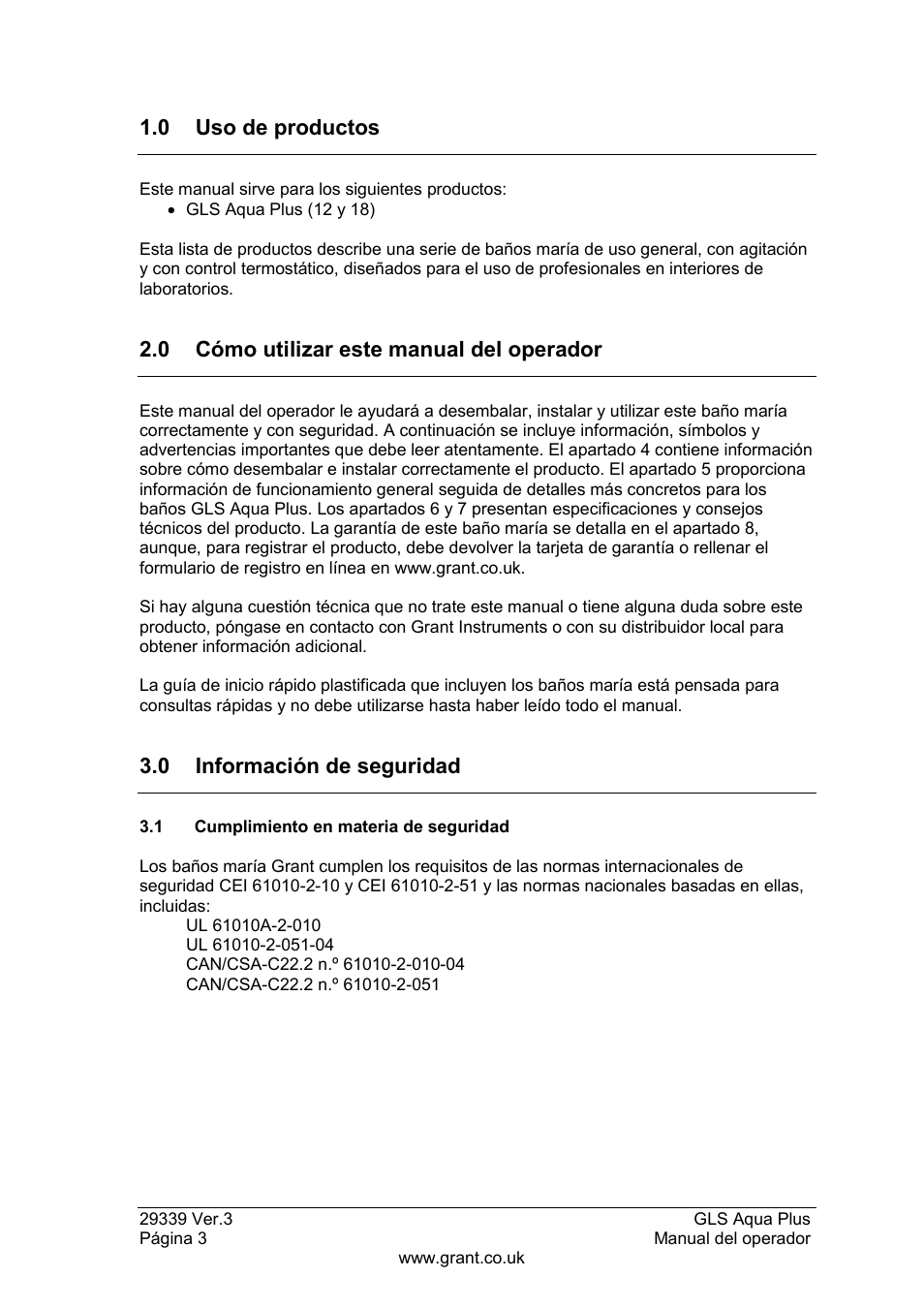 Uso de productos, Cómo utilizar este manual del operador, Información de seguridad | 1 cumplimiento en materia de seguridad, 0 uso de productos, 0 cómo utilizar este manual del operador, 0 información de seguridad | Grant Instruments GLS Aqua Plus Operating Manual User Manual | Page 78 / 94