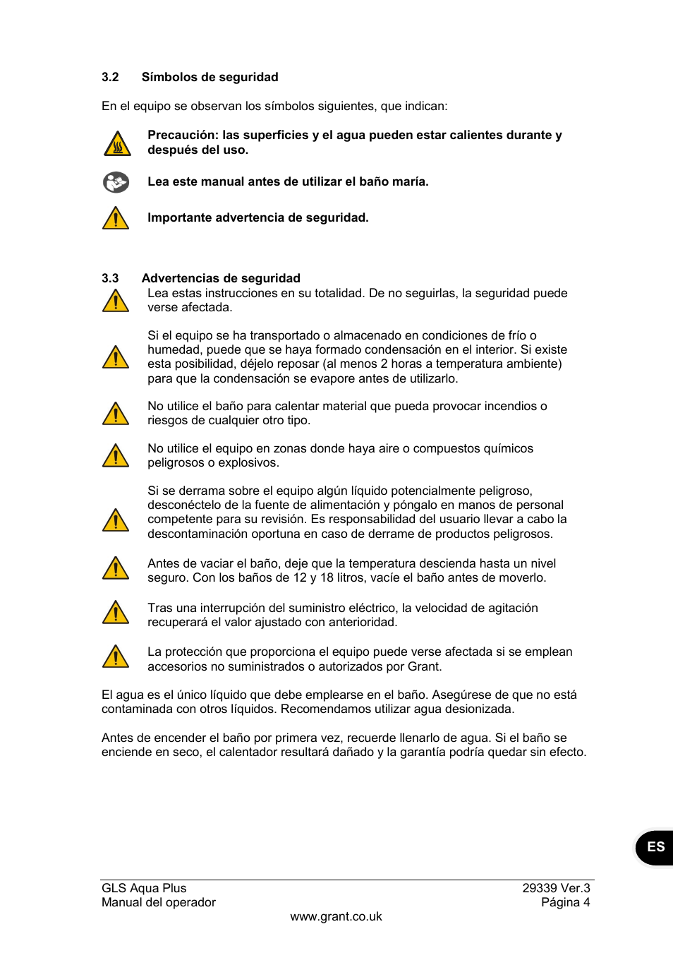 2 símbolos de seguridad, 3 advertencias de seguridad | Grant Instruments GLS Aqua Plus Operating Manual User Manual | Page 79 / 94