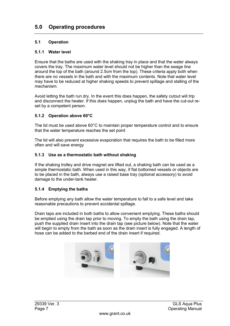 Operating procedures, 1 operation, 1 water level | 2 operation above 60°c, 3 use as a thermostatic bath without shaking, 4 emptying the baths, 0 operating procedures | Grant Instruments GLS Aqua Plus Operating Manual User Manual | Page 8 / 94
