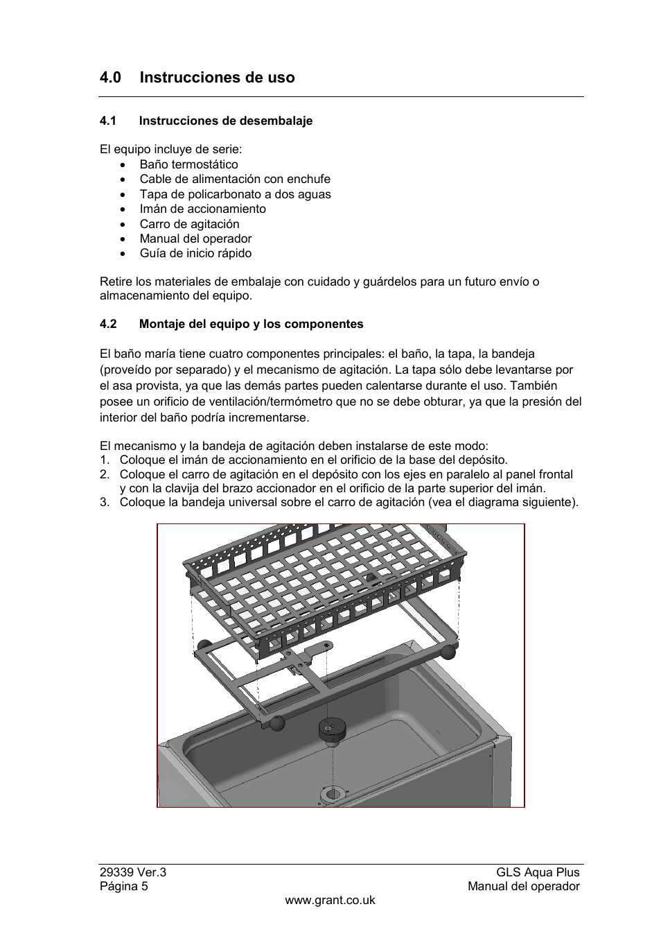Instrucciones de uso, 1 instrucciones de desembalaje, 2 montaje del equipo y los componentes | 0 instrucciones de uso | Grant Instruments GLS Aqua Plus Operating Manual User Manual | Page 80 / 94