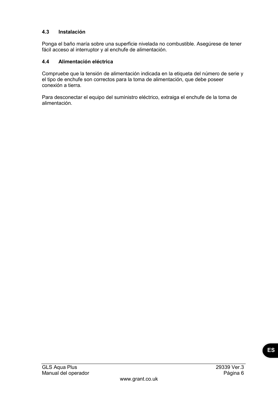 3 instalación, 4 alimentación eléctrica | Grant Instruments GLS Aqua Plus Operating Manual User Manual | Page 81 / 94