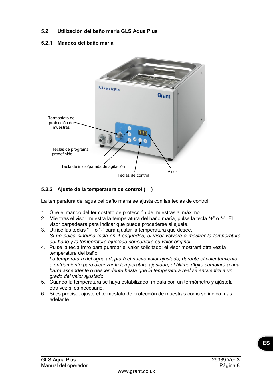 2 utilización del baño maría gls aqua plus, 1 mandos del baño maría, 2 ajuste de la temperatura de control | Grant Instruments GLS Aqua Plus Operating Manual User Manual | Page 83 / 94