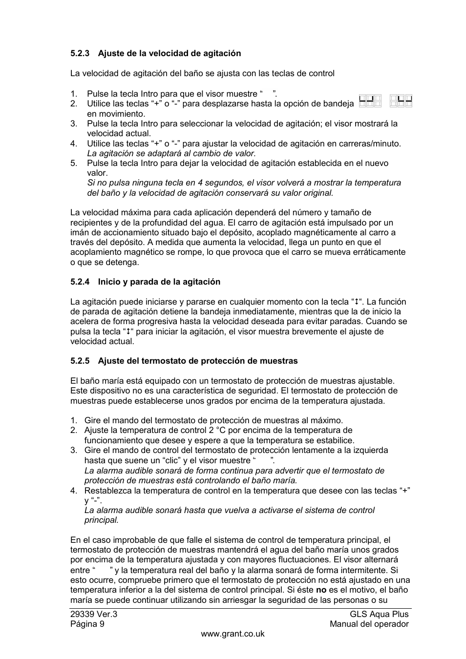 3 ajuste de la velocidad de agitación, 4 inicio y parada de la agitación, 5 ajuste del termostato de protección de muestras | Grant Instruments GLS Aqua Plus Operating Manual User Manual | Page 84 / 94