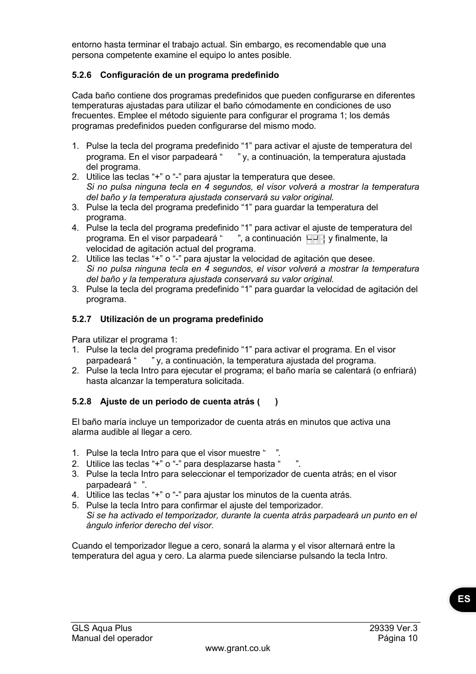 6 configuración de un programa predefinido, 7 utilización de un programa predefinido, 8 ajuste de un periodo de cuenta atrás | Grant Instruments GLS Aqua Plus Operating Manual User Manual | Page 85 / 94