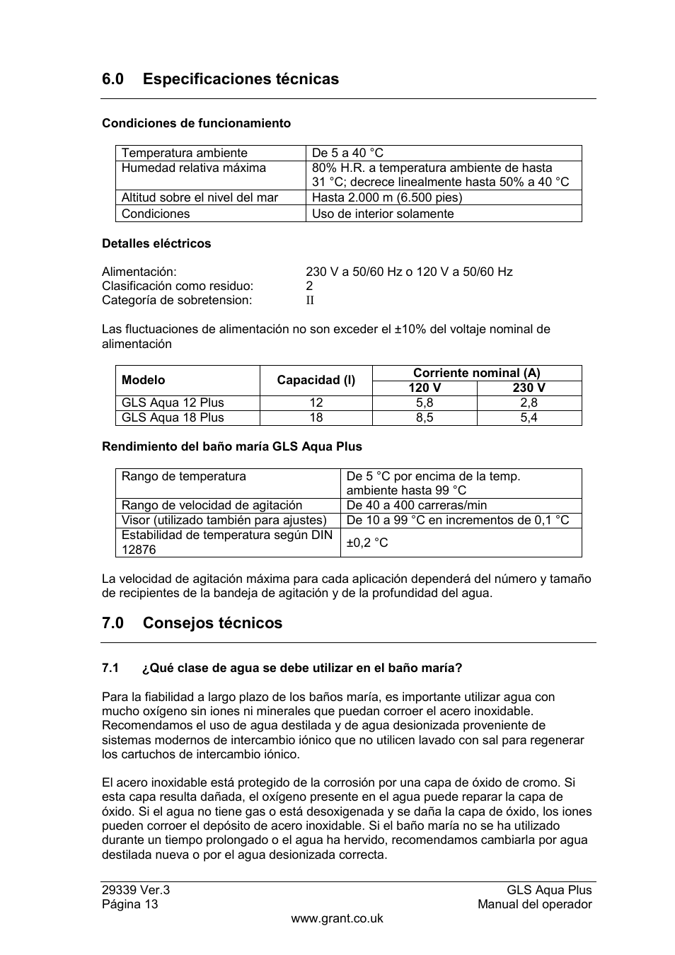 Especificaciones técnicas, Consejos técnicos, 0 especificaciones técnicas | 0 consejos técnicos | Grant Instruments GLS Aqua Plus Operating Manual User Manual | Page 88 / 94