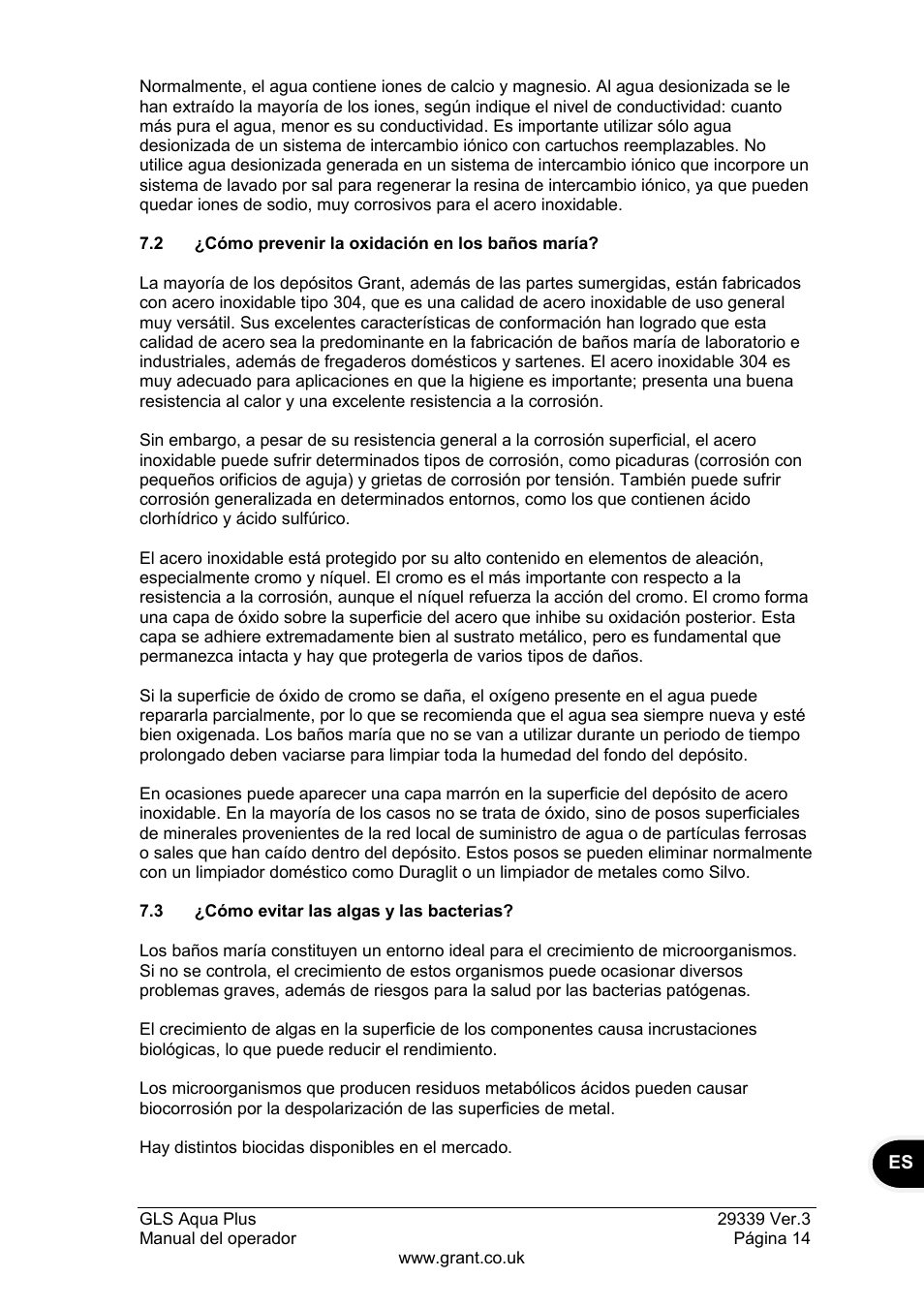 2 ¿cómo prevenir la oxidación en los baños maría, 3 ¿cómo evitar las algas y las bacterias | Grant Instruments GLS Aqua Plus Operating Manual User Manual | Page 89 / 94