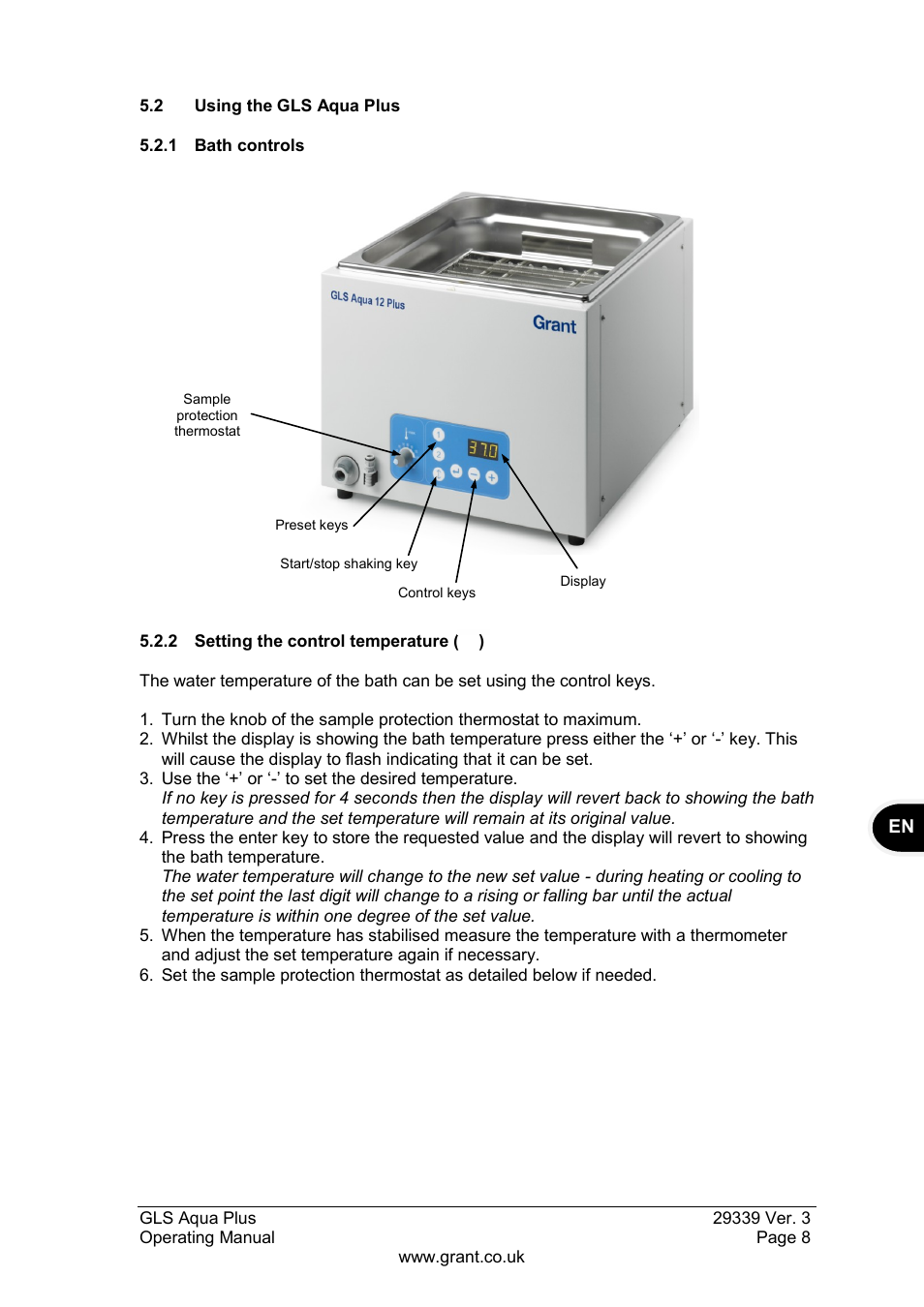 2 using the gls aqua plus, 1 bath controls, 2 setting the control temperature | Grant Instruments GLS Aqua Plus Operating Manual User Manual | Page 9 / 94