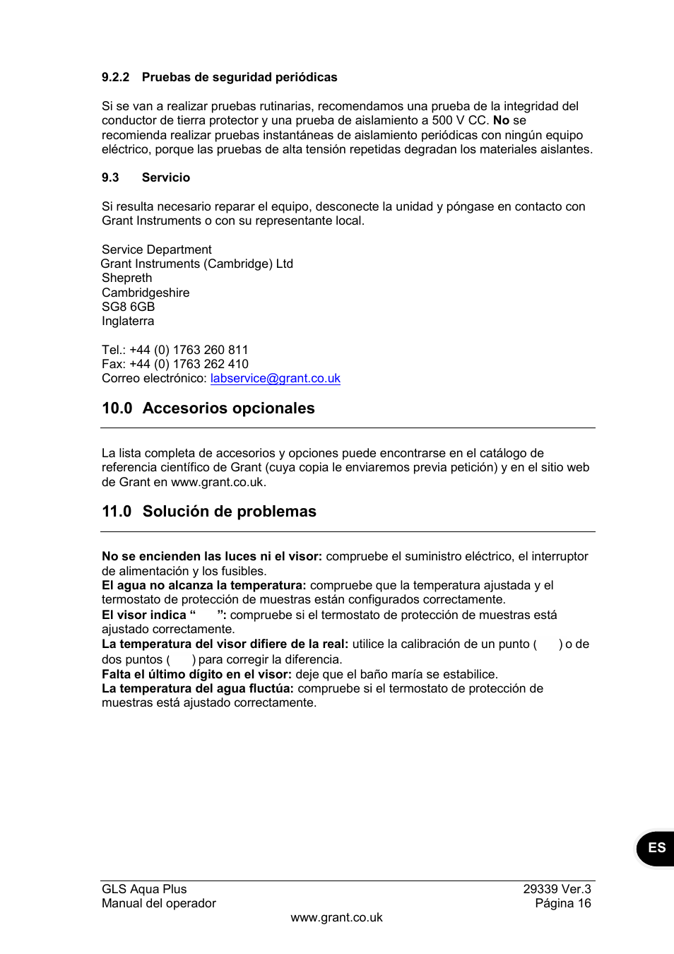 2 pruebas de seguridad periódicas, 3 servicio, 0 accesorios opcionales | 0 solución de problemas | Grant Instruments GLS Aqua Plus Operating Manual User Manual | Page 91 / 94