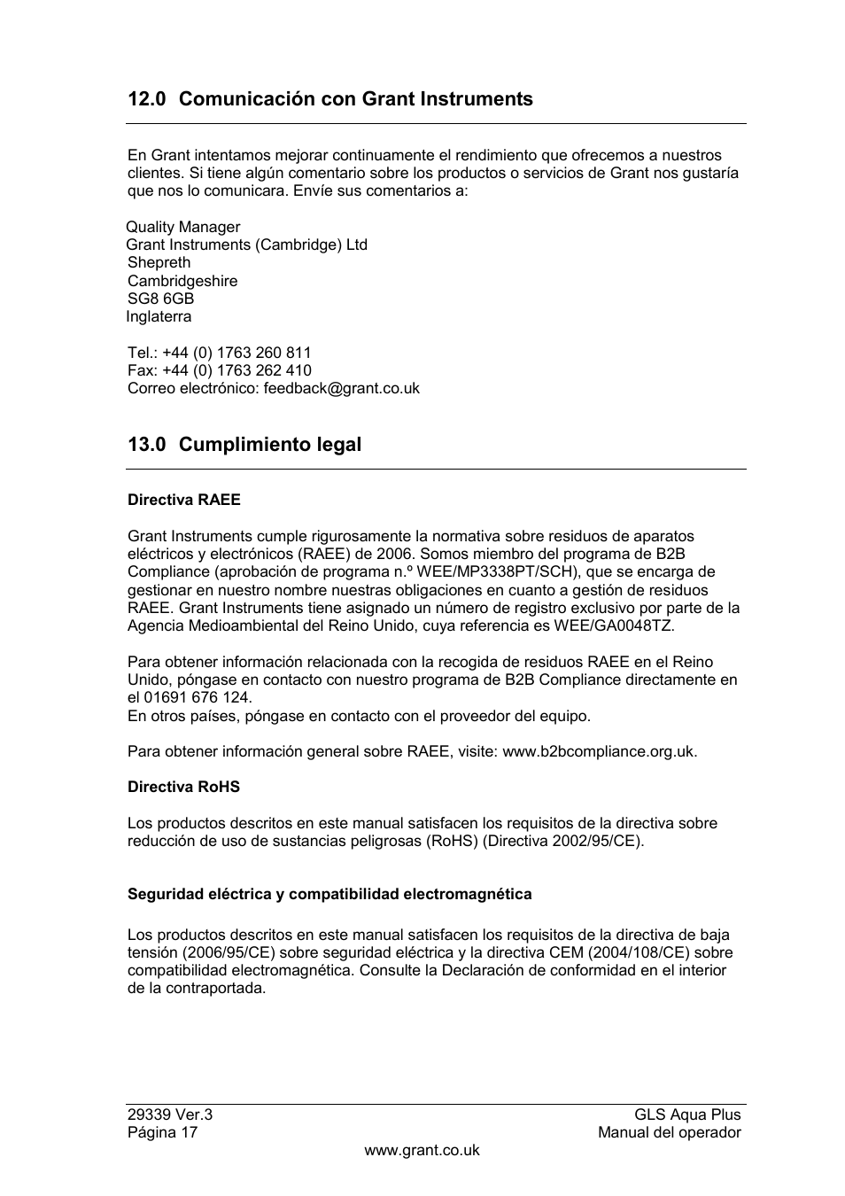 0 comunicación con grant instruments, 0 cumplimiento legal | Grant Instruments GLS Aqua Plus Operating Manual User Manual | Page 92 / 94