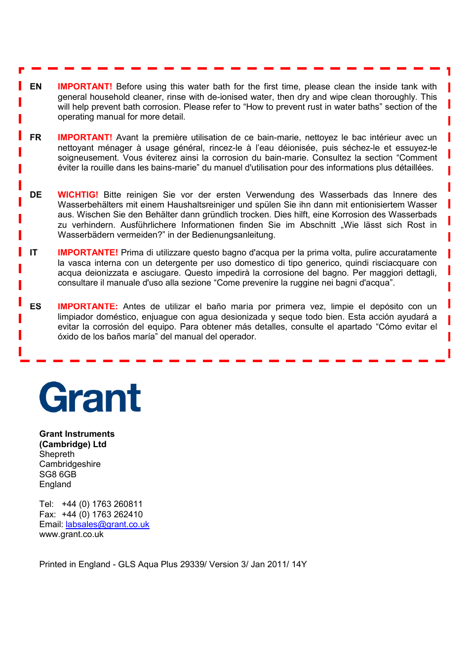 Grant Instruments GLS Aqua Plus Operating Manual User Manual | Page 94 / 94