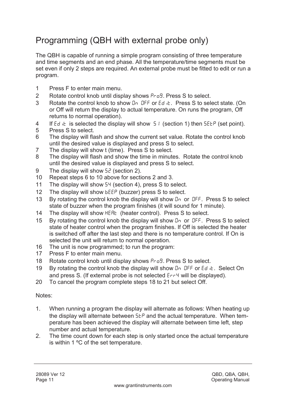 Programming (qbh with external probe only) | Grant Instruments QBH User Manual | Page 12 / 84