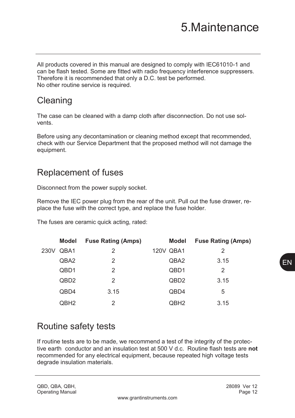 Maintenance, Cleaning, Replacement of fuses | Routine safety tests | Grant Instruments QBH User Manual | Page 13 / 84