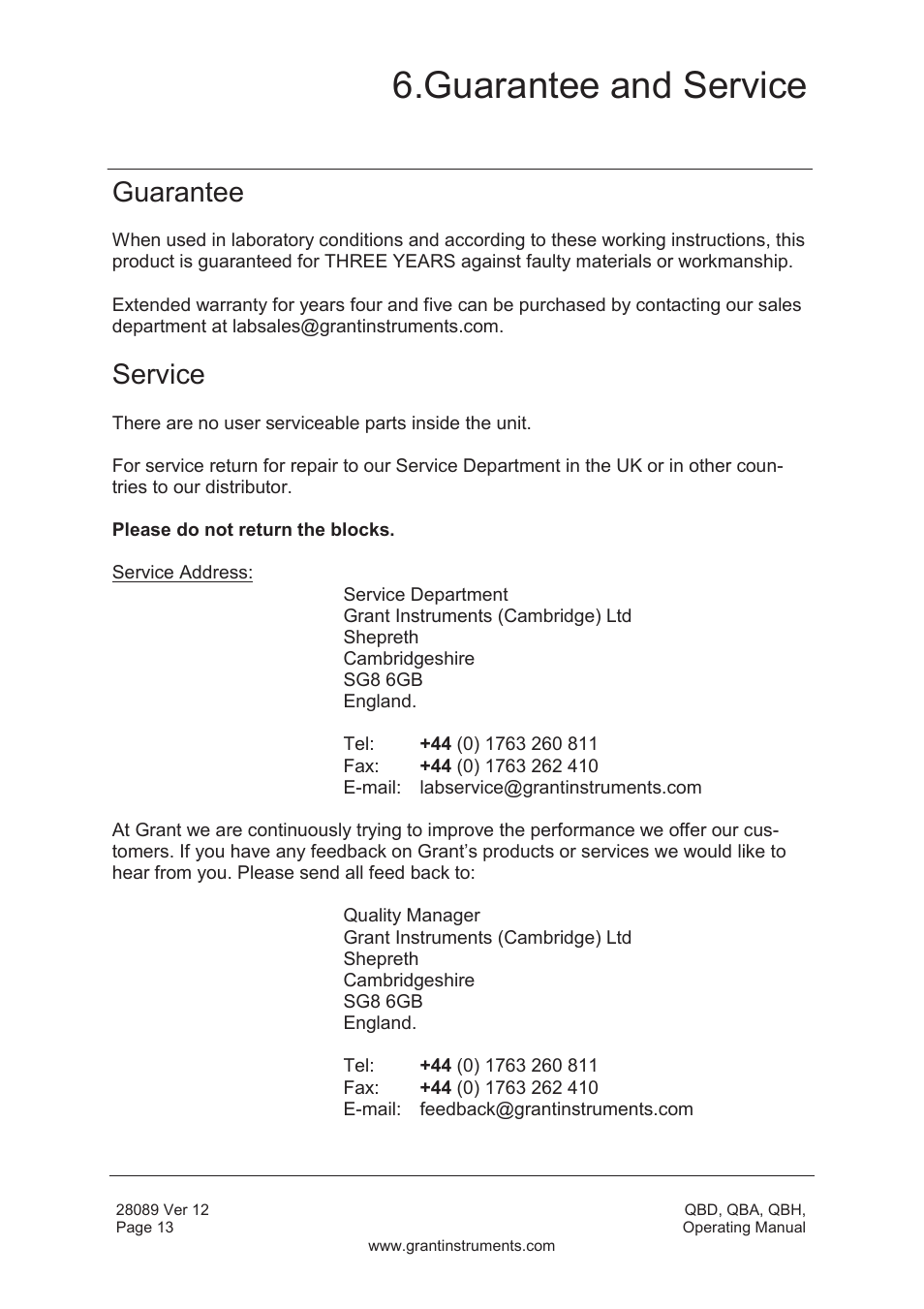 Guarantee and service, Guarantee, Service | Grant Instruments QBH User Manual | Page 14 / 84