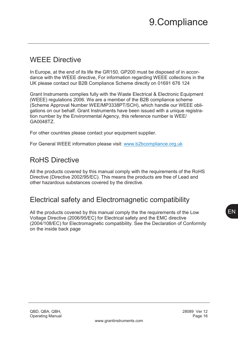 Compliance, Weee directive, Rohs directive | Grant Instruments QBH User Manual | Page 17 / 84