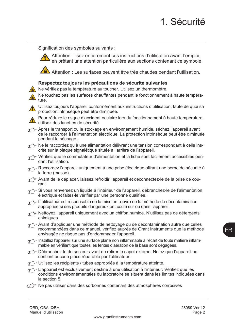 Sécurité | Grant Instruments QBH User Manual | Page 19 / 84