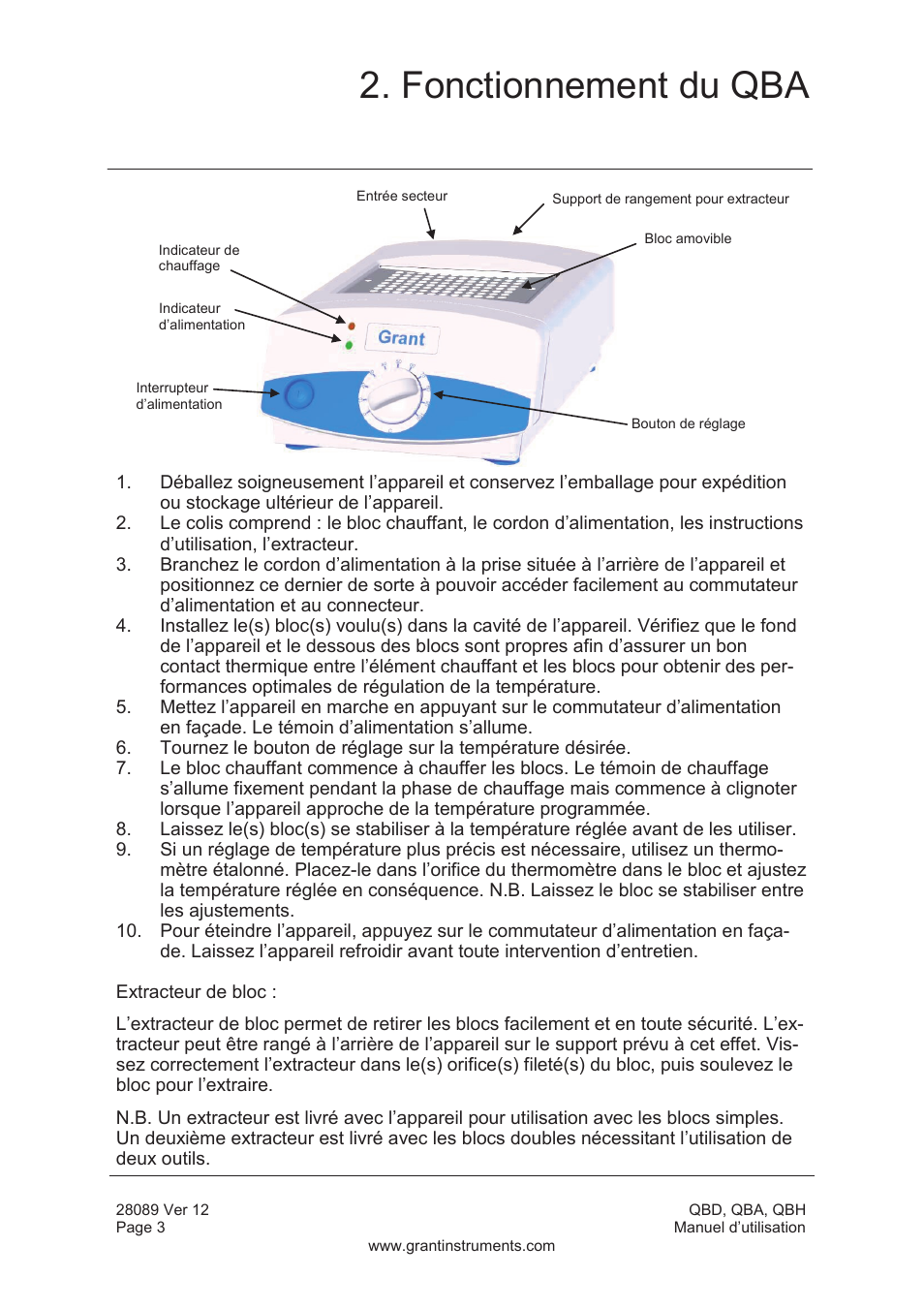 Fonctionnement du qba | Grant Instruments QBH User Manual | Page 20 / 84