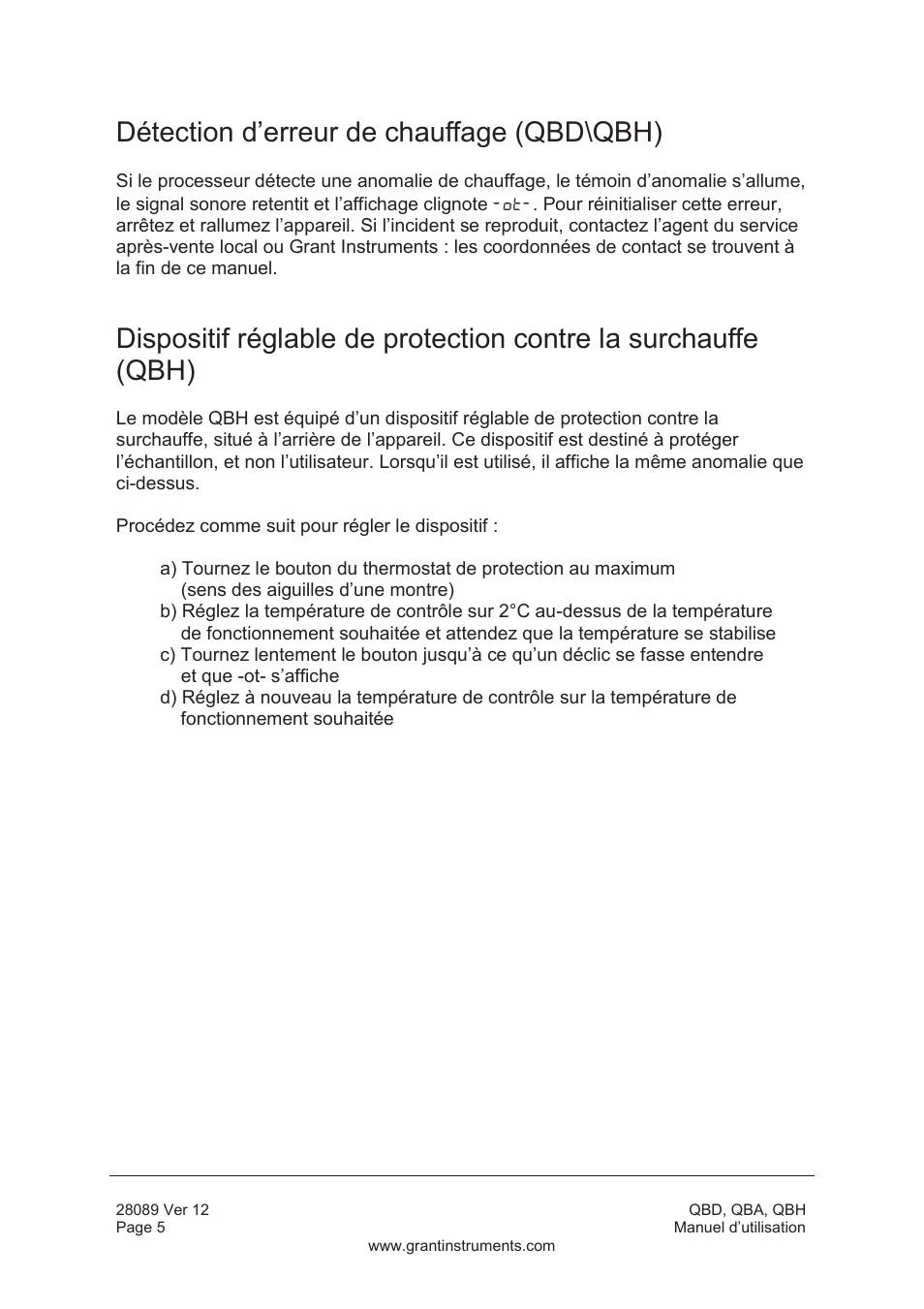 Détection d’erreur de chauffage (qbd\qbh) | Grant Instruments QBH User Manual | Page 22 / 84