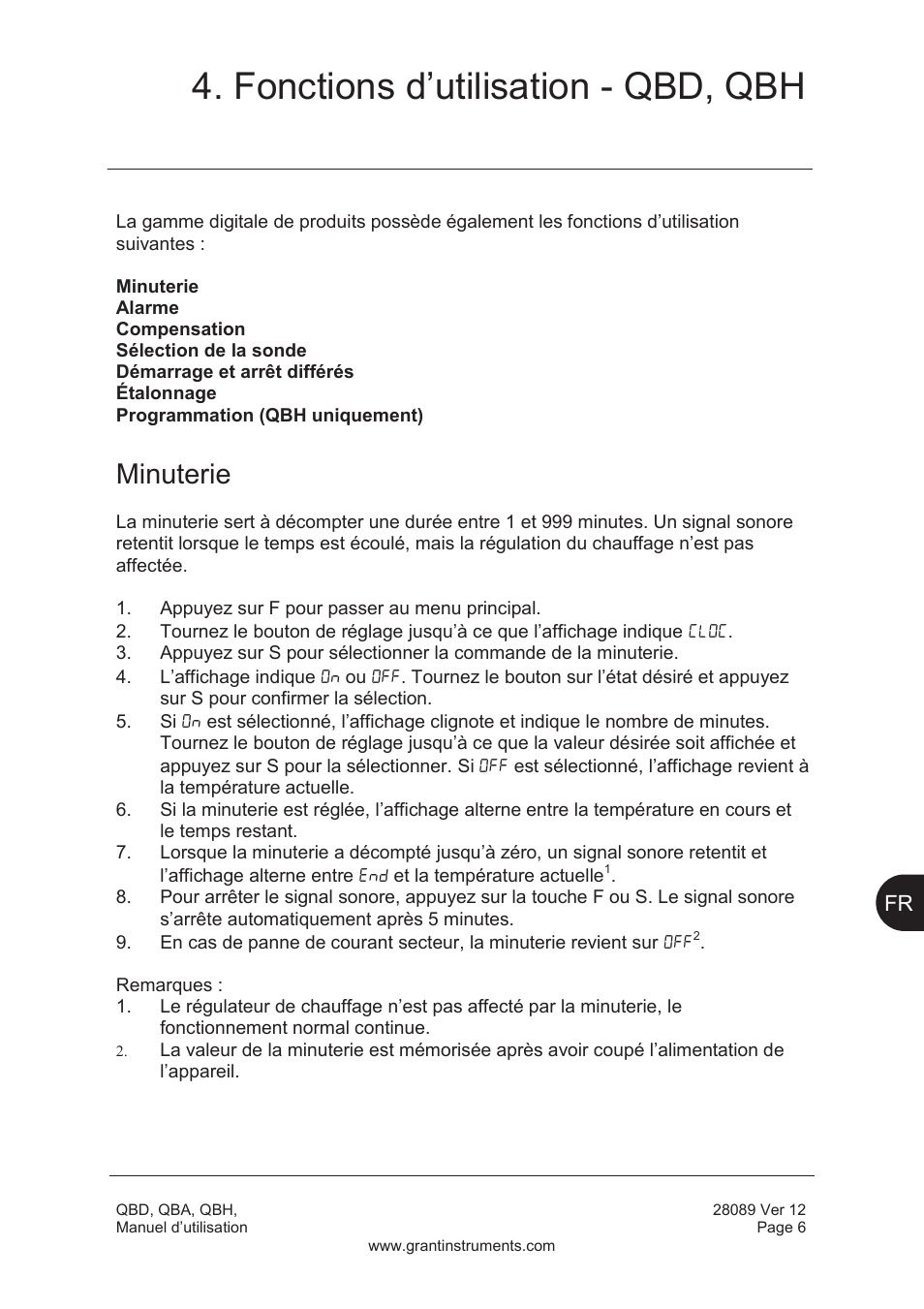 Fonctions d’utilisation - qbd, qbh, Minuterie | Grant Instruments QBH User Manual | Page 23 / 84