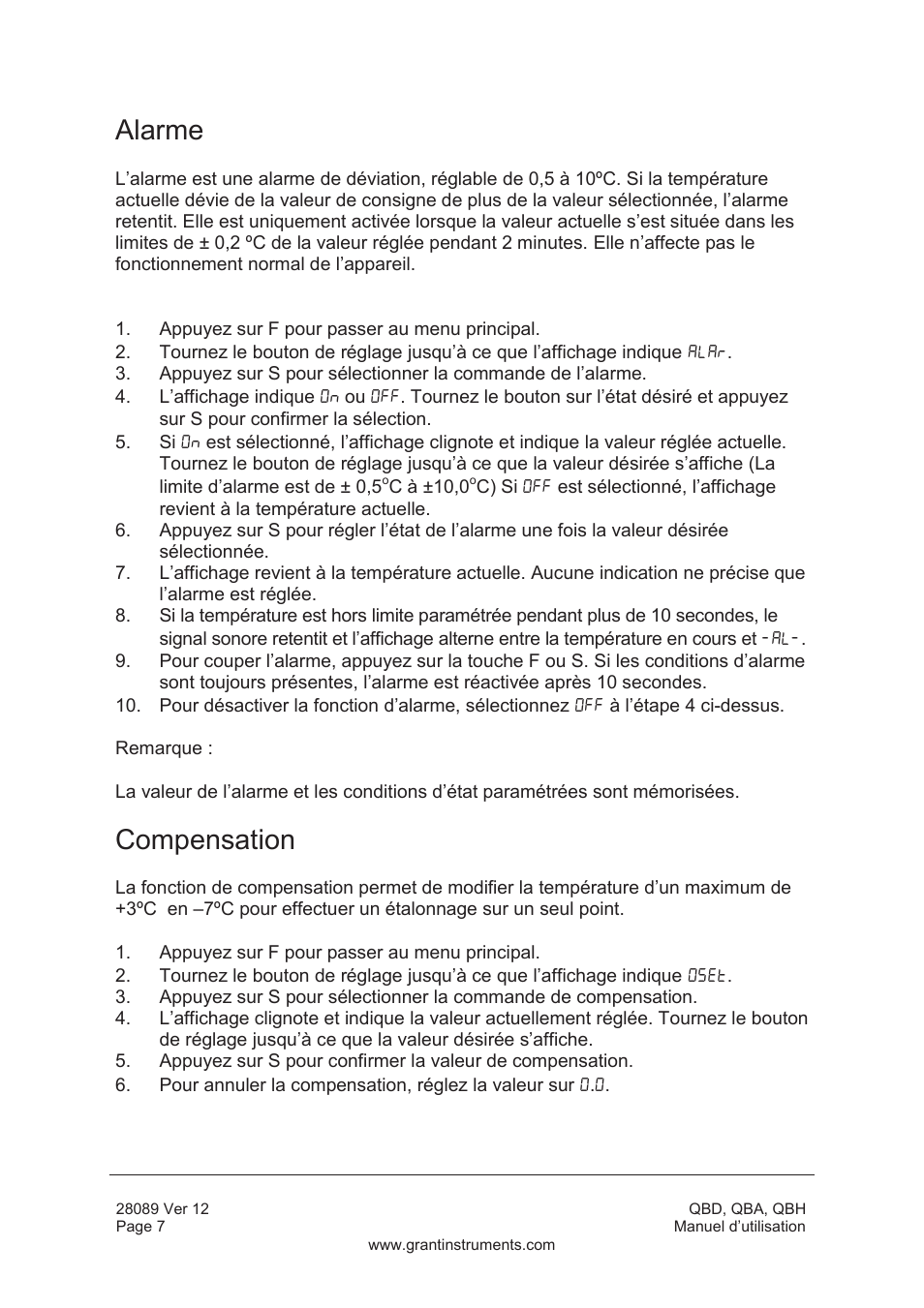 Alarme, Compensation | Grant Instruments QBH User Manual | Page 24 / 84