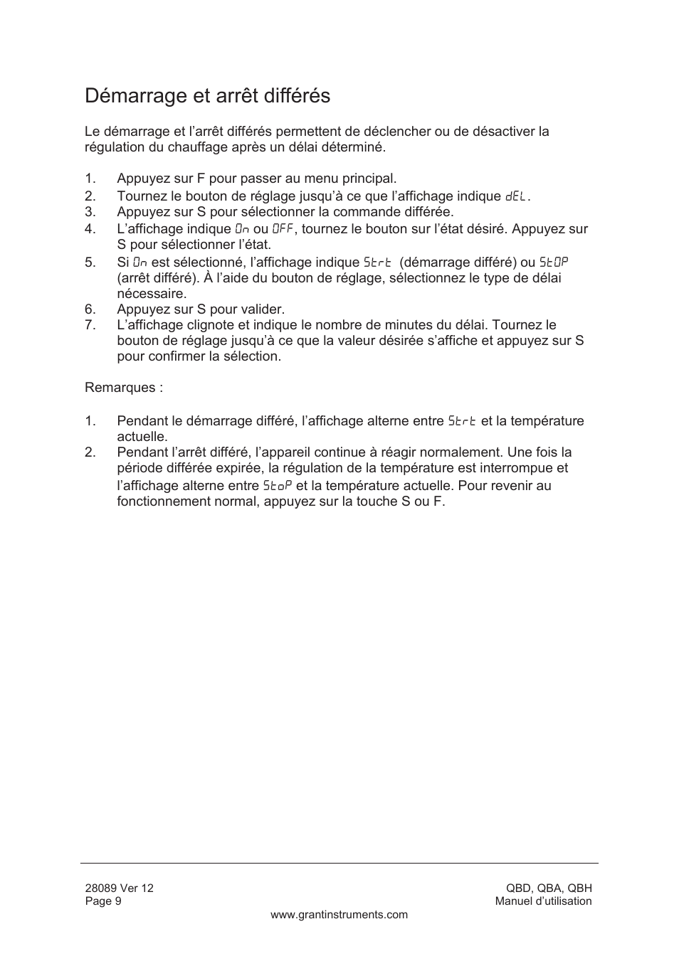Démarrage et arrêt différés | Grant Instruments QBH User Manual | Page 26 / 84