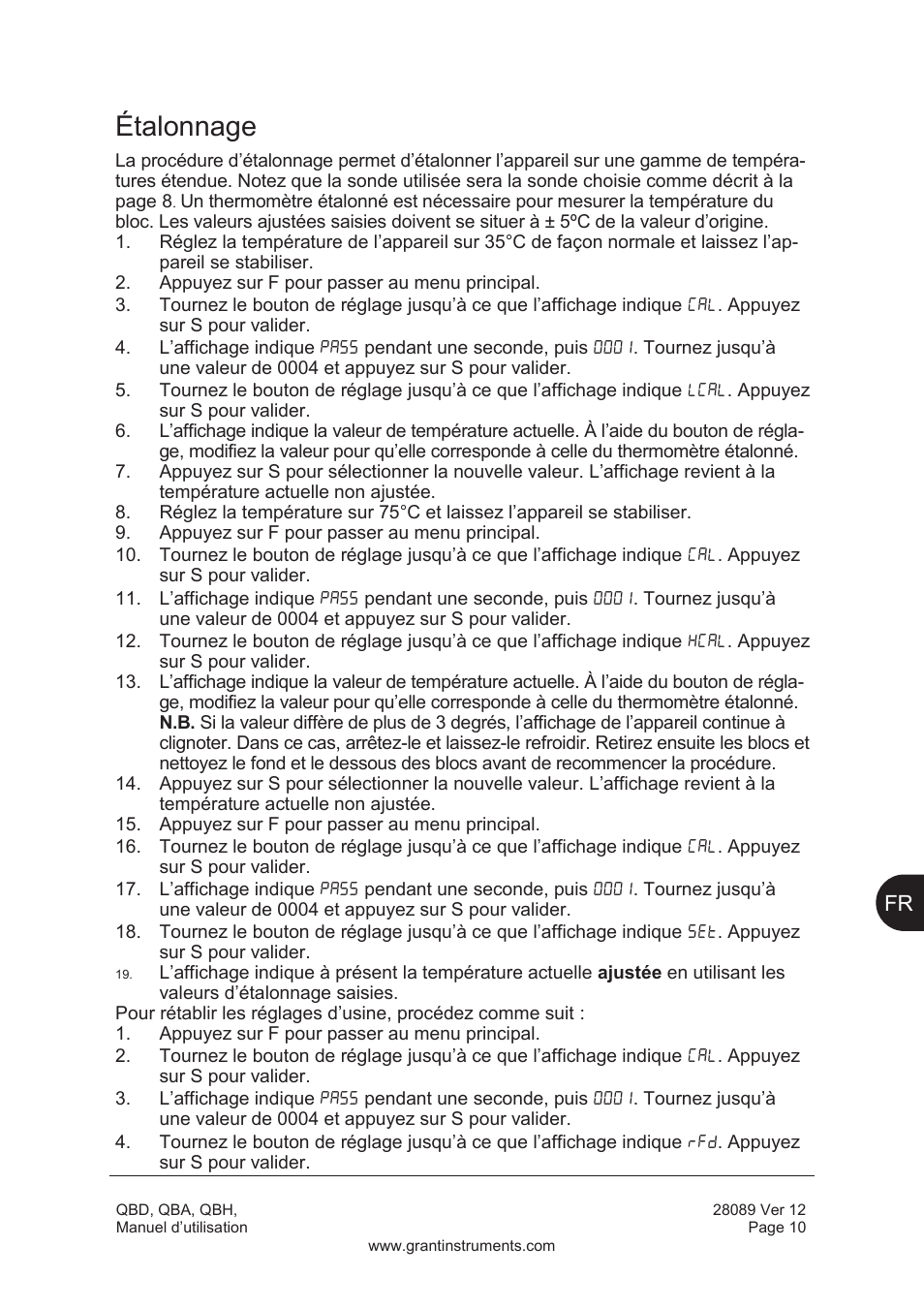 Étalonnage | Grant Instruments QBH User Manual | Page 27 / 84