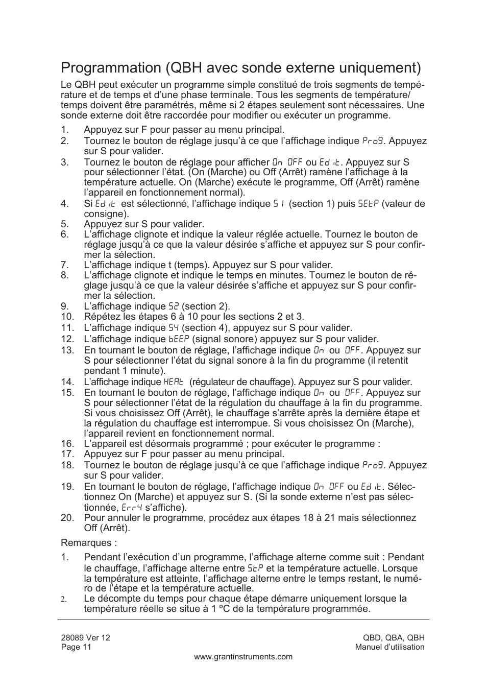 Programmation (qbh avec sonde externe uniquement) | Grant Instruments QBH User Manual | Page 28 / 84
