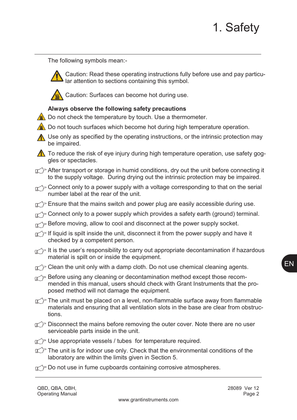 Safety | Grant Instruments QBH User Manual | Page 3 / 84