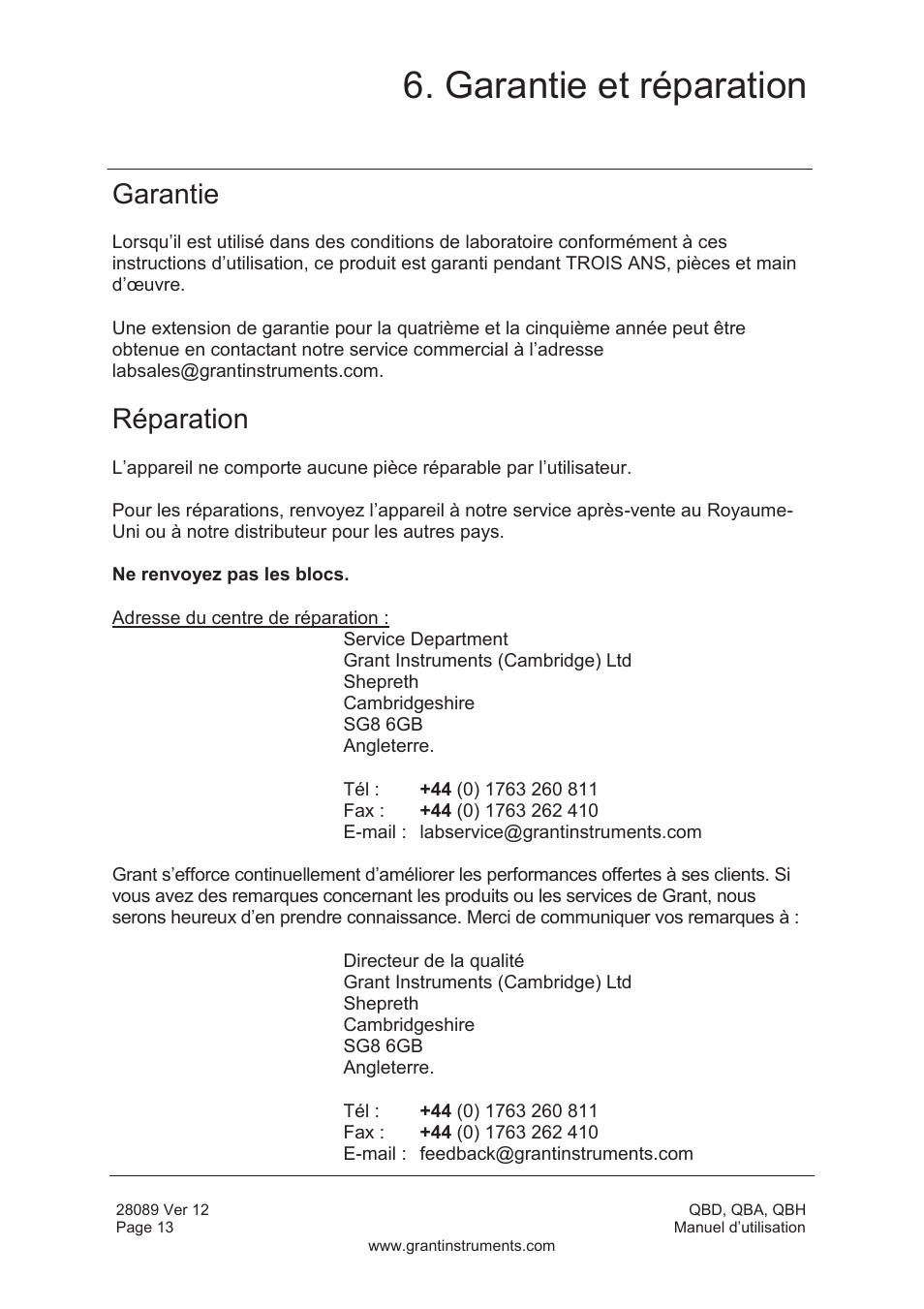 Garantie et réparation, Garantie, Réparation | Grant Instruments QBH User Manual | Page 30 / 84
