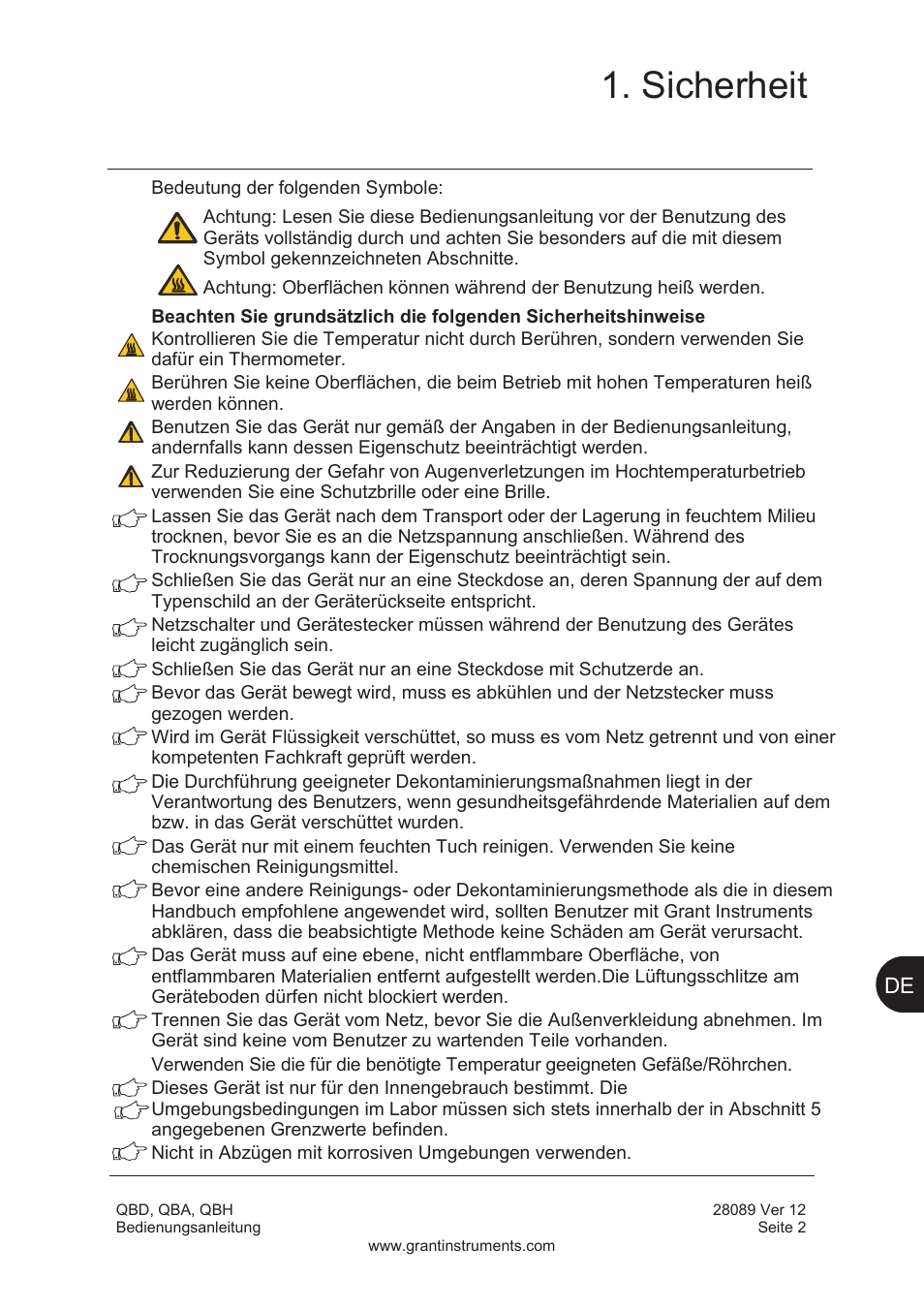 Sicherheit | Grant Instruments QBH User Manual | Page 35 / 84