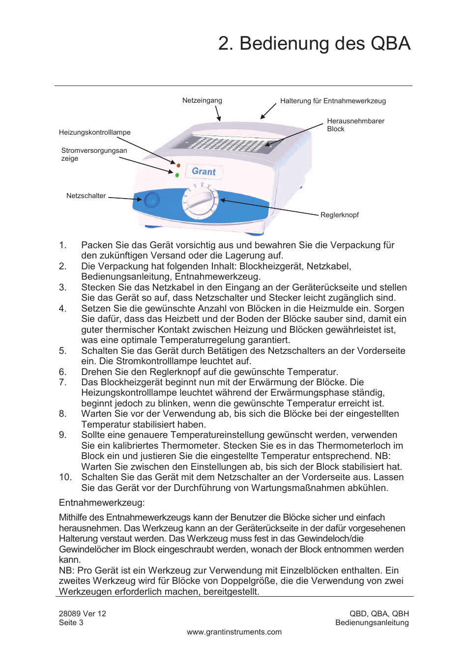 Bedienung des qba | Grant Instruments QBH User Manual | Page 36 / 84