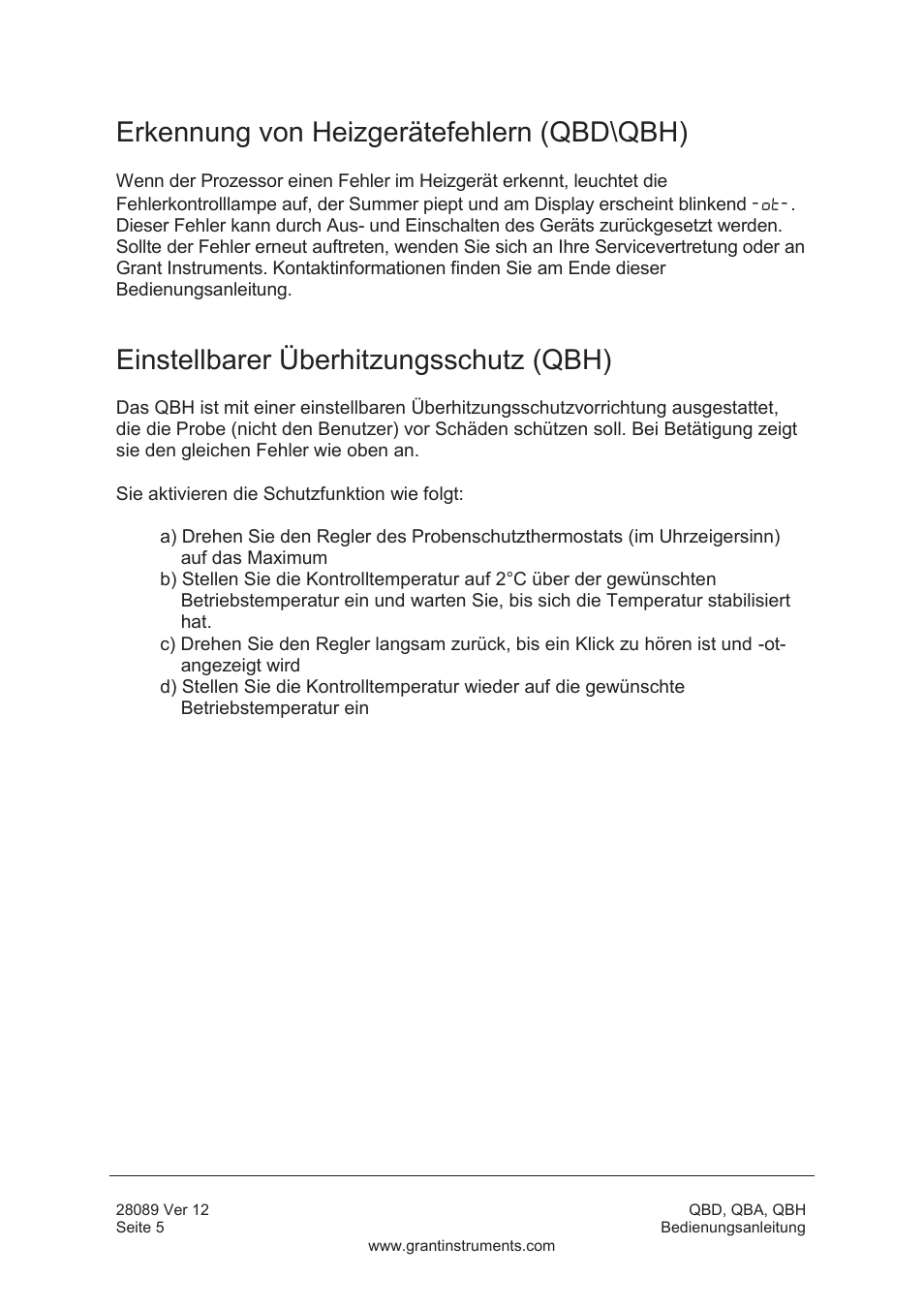 Erkennung von heizgerätefehlern (qbd\qbh), Einstellbarer überhitzungsschutz (qbh) | Grant Instruments QBH User Manual | Page 38 / 84