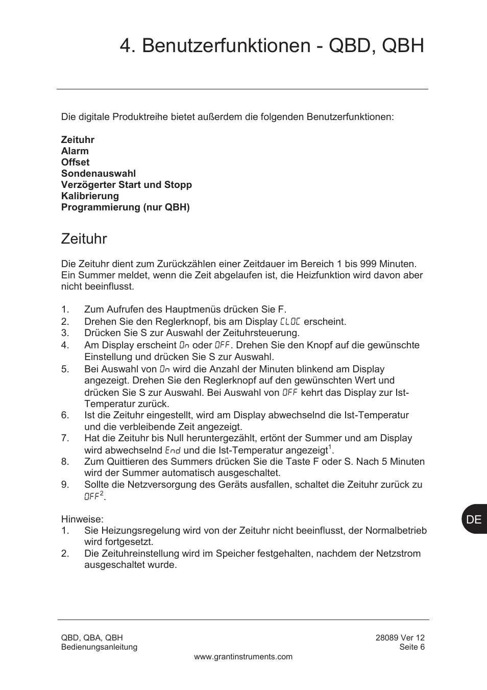 Benutzerfunktionen - qbd, qbh, Zeituhr | Grant Instruments QBH User Manual | Page 39 / 84