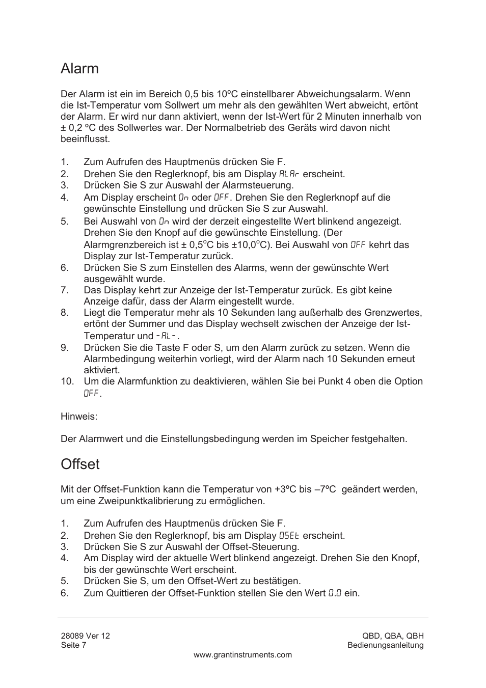 Alarm, Offset | Grant Instruments QBH User Manual | Page 40 / 84