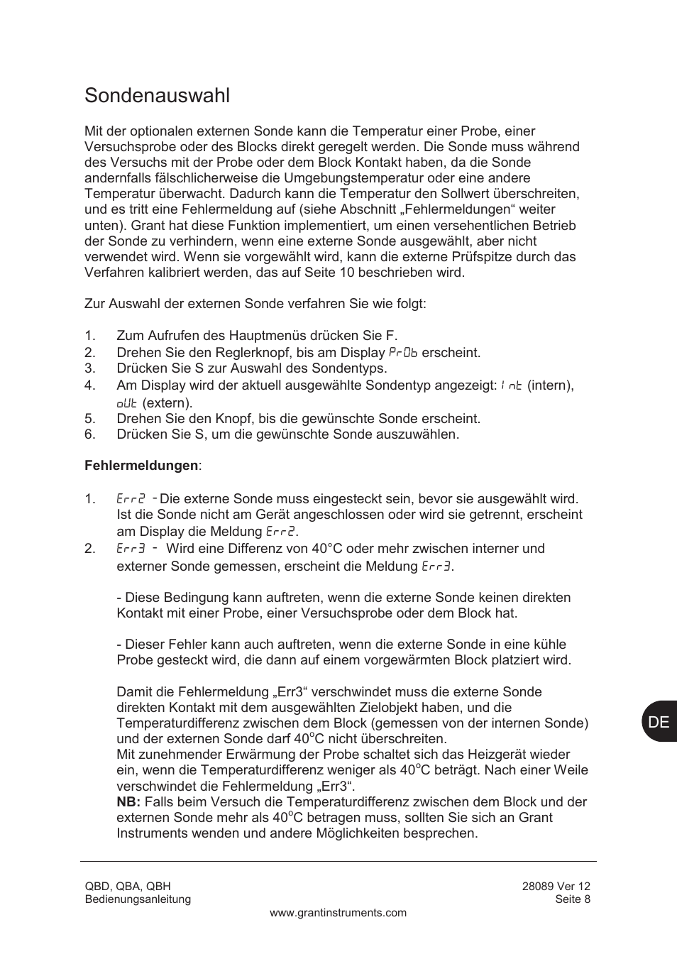 Sondenauswahl | Grant Instruments QBH User Manual | Page 41 / 84