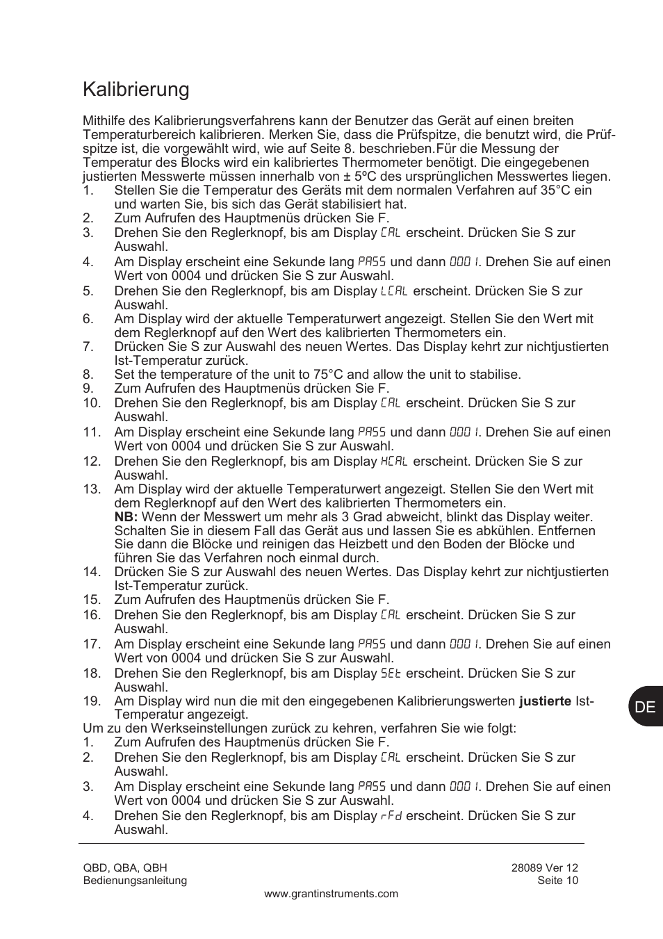 Kalibrierung | Grant Instruments QBH User Manual | Page 43 / 84