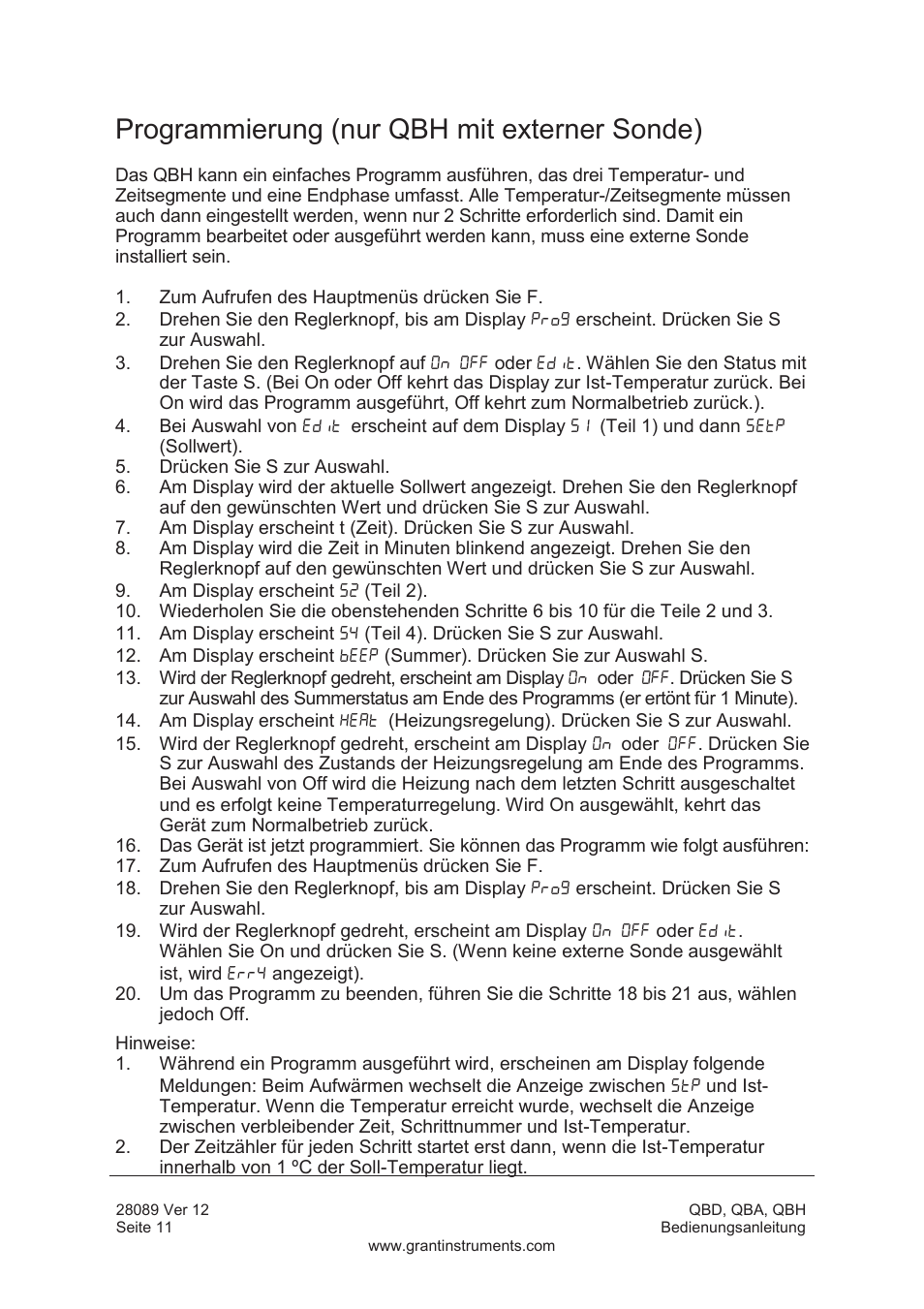 Programmierung (nur qbh mit externer sonde) | Grant Instruments QBH User Manual | Page 44 / 84