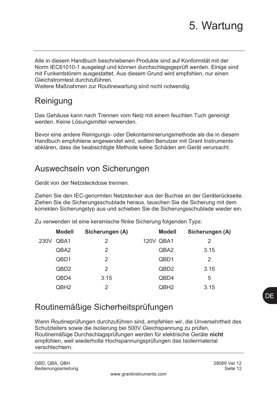 Wartung, Reinigung, Auswechseln von sicherungen | Routinemäßige sicherheitsprüfungen | Grant Instruments QBH User Manual | Page 45 / 84