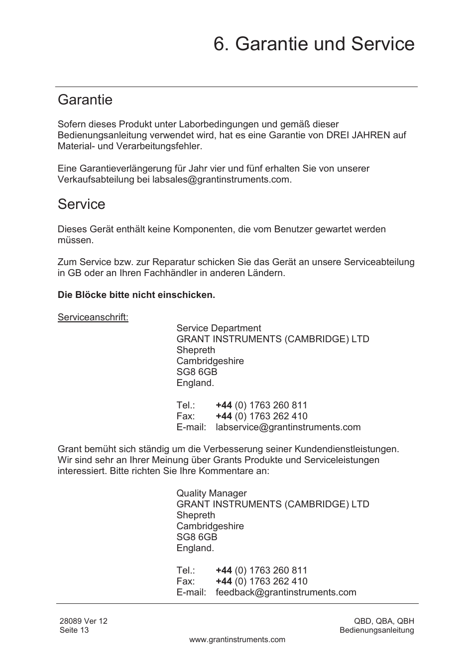 Garantie und service, Garantie, Service | Grant Instruments QBH User Manual | Page 46 / 84