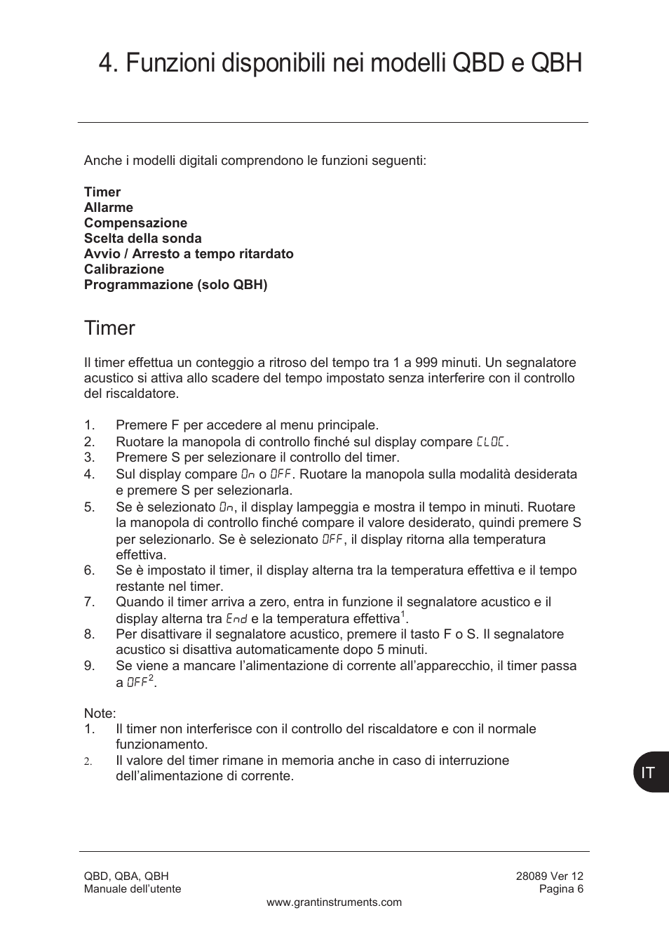 Funzioni disponibili nei modelli qbd e qbh, Timer | Grant Instruments QBH User Manual | Page 55 / 84