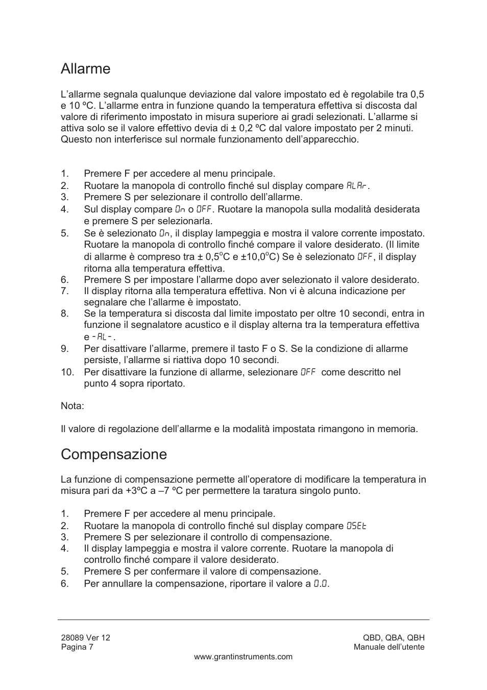 Allarme, Compensazione | Grant Instruments QBH User Manual | Page 56 / 84