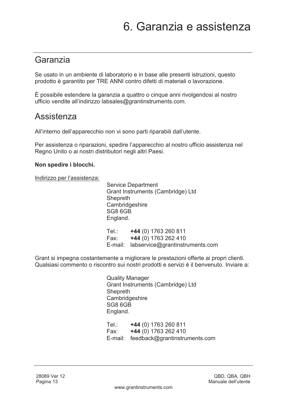 Garanzia e assistenza, Garanzia, Assistenza | Grant Instruments QBH User Manual | Page 62 / 84
