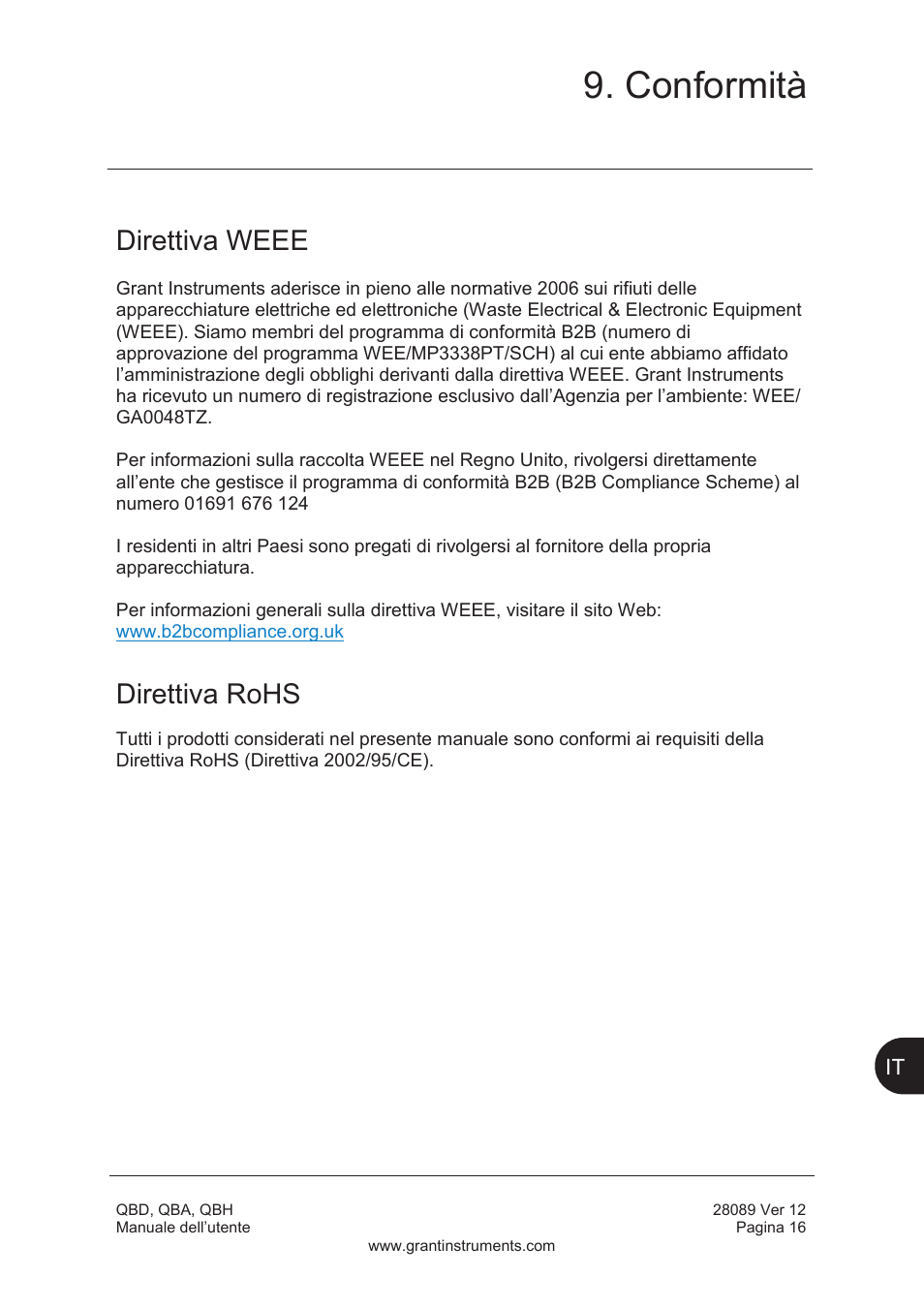 Conformità, Direttiva weee, Direttiva rohs | Grant Instruments QBH User Manual | Page 65 / 84
