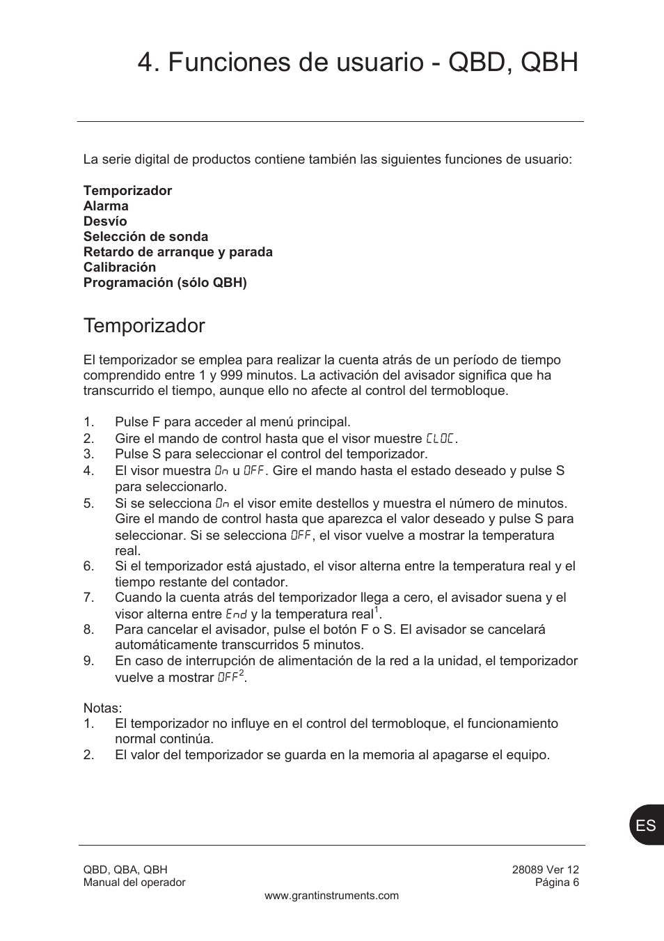 Funciones de usuario - qbd, qbh, Temporizador | Grant Instruments QBH User Manual | Page 71 / 84