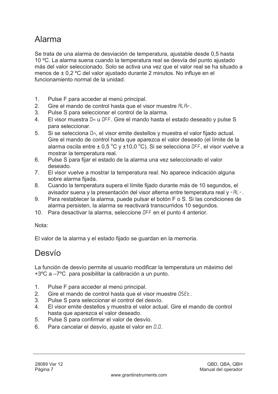 Alarma, Desvío | Grant Instruments QBH User Manual | Page 72 / 84