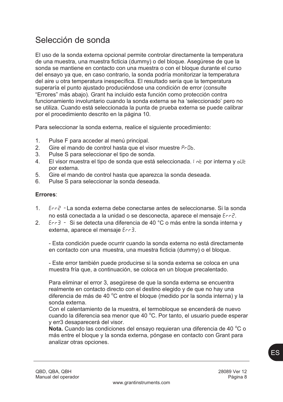 Selección de sonda | Grant Instruments QBH User Manual | Page 73 / 84