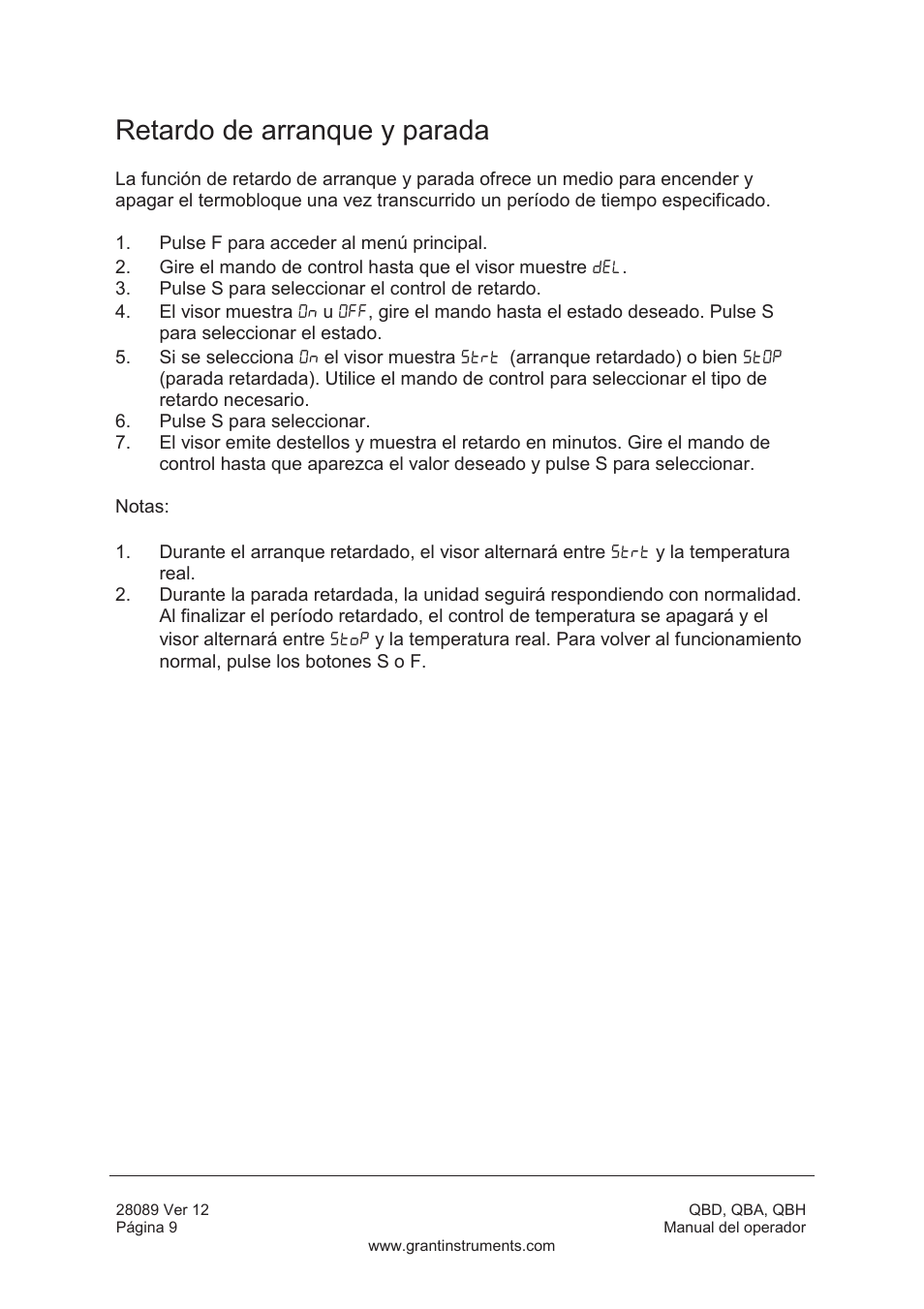 Retardo de arranque y parada | Grant Instruments QBH User Manual | Page 74 / 84