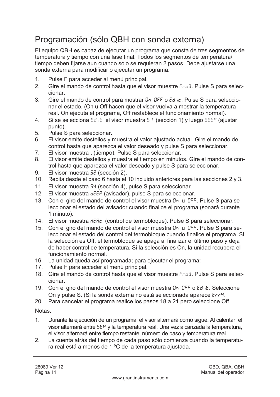 Programación (sólo qbh con sonda externa) | Grant Instruments QBH User Manual | Page 76 / 84