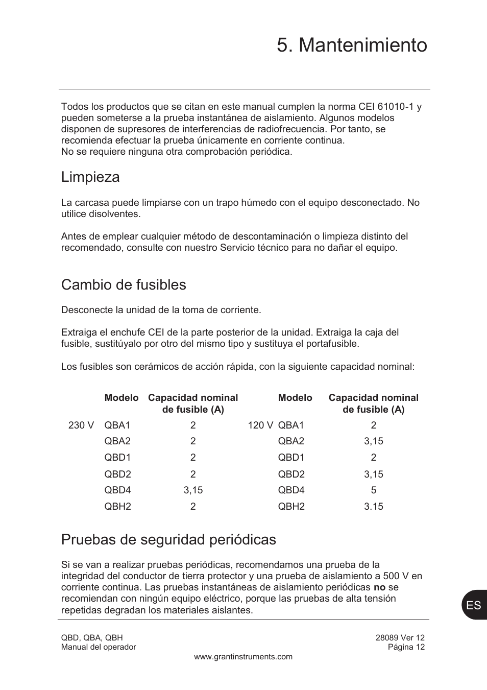 Mantenimiento, Limpieza, Cambio de fusibles | Pruebas de seguridad periódicas | Grant Instruments QBH User Manual | Page 77 / 84